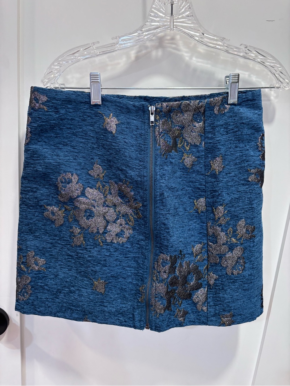 Free People  Metallic Blue Floral Zip Mini Skirt Size 8